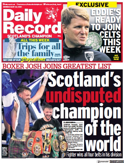Daily Record Newspaper Front Page (UK) for 24 May 2021