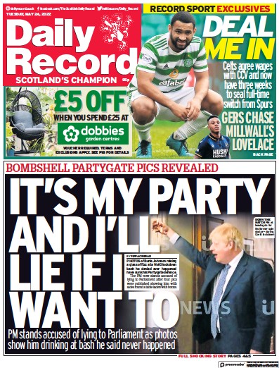 Daily Record Newspaper Front Page (UK) for 24 May 2022