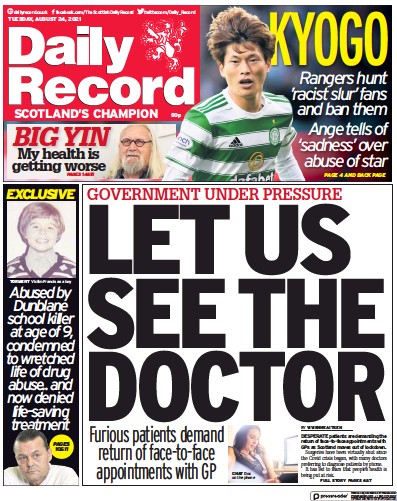 Daily Record Newspaper Front Page (UK) for 24 August 2021