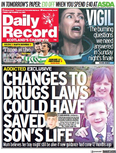 Daily Record Newspaper Front Page (UK) for 24 September 2021