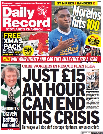 Daily Record Newspaper Front Page (UK) for 25 October 2021