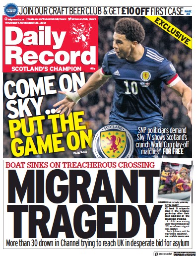 Daily Record Newspaper Front Page (UK) for 25 November 2021
