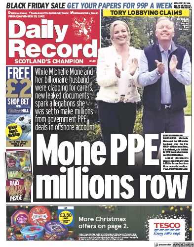 Daily Record Newspaper Front Page (UK) for 25 November 2022