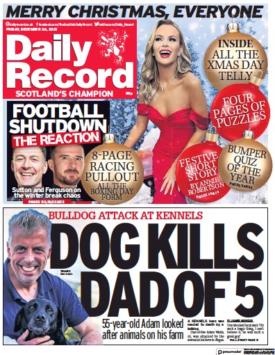 Daily Record Newspaper Front Page (UK) for 25 December 2021