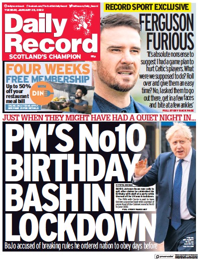 Daily Record Newspaper Front Page (UK) for 25 January 2022