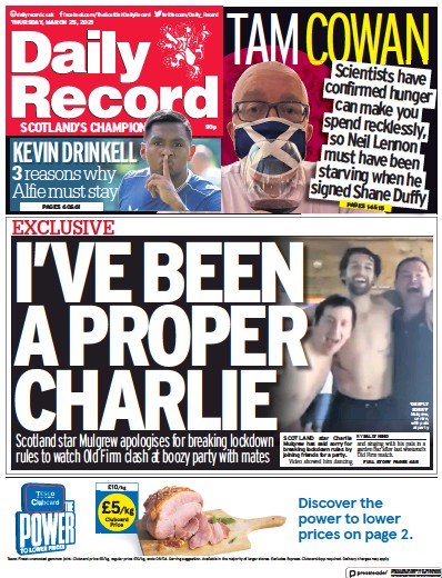 Daily Record Newspaper Front Page (UK) for 25 March 2021