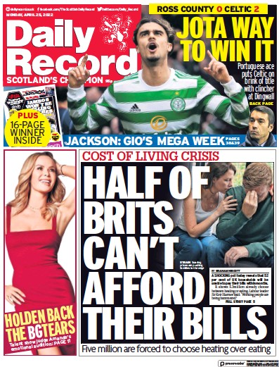 Daily Record Newspaper Front Page (UK) for 25 April 2022