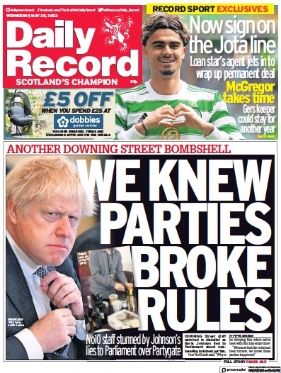 Daily Record Newspaper Front Page (UK) for 25 May 2022