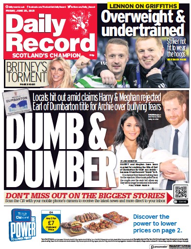 Daily Record Newspaper Front Page (UK) for 25 June 2021