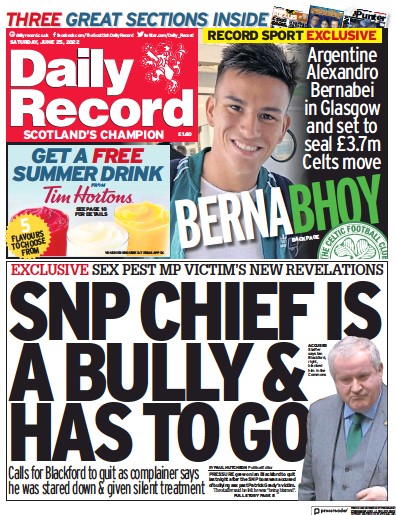 Daily Record Newspaper Front Page (UK) for 25 June 2022