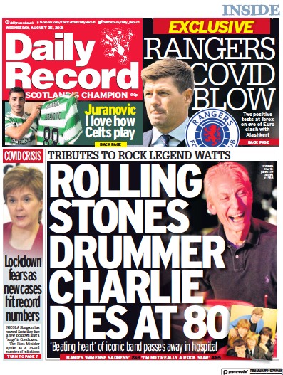 Daily Record Newspaper Front Page (UK) for 25 August 2021