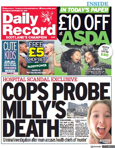 Daily Record Newspaper Front Page (UK) for 25 September 2021
