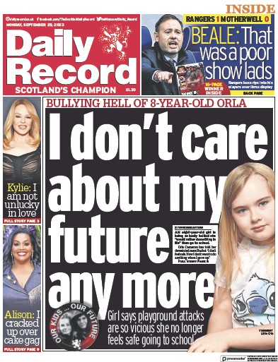 Daily Record Newspaper Front Page (UK) for 25 September 2023