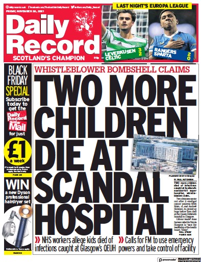 Daily Record Newspaper Front Page (UK) for 26 November 2021