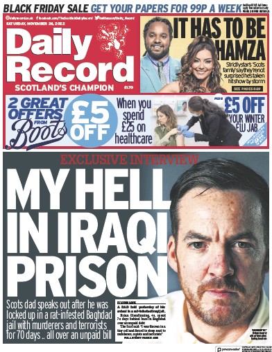 Daily Record Newspaper Front Page (UK) for 26 November 2022