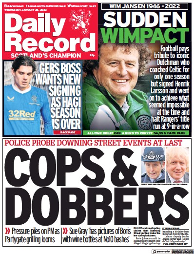 Daily Record Newspaper Front Page (UK) for 26 January 2022