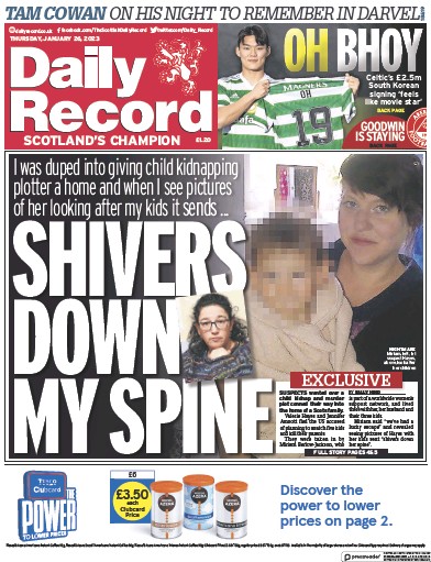 Daily Record Newspaper Front Page (UK) for 26 January 2023