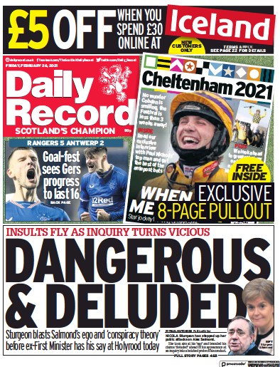 Daily Record Newspaper Front Page (UK) for 26 February 2021