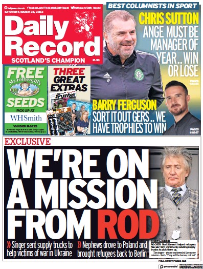 Daily Record Newspaper Front Page (UK) for 26 March 2022