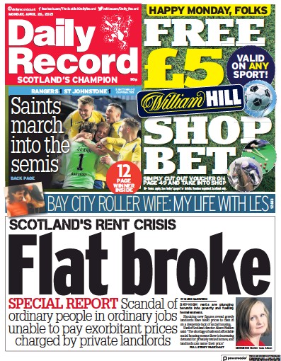 Daily Record Newspaper Front Page (UK) for 26 April 2021
