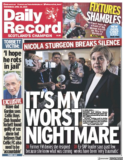 Daily Record Newspaper Front Page (UK) for 26 April 2023