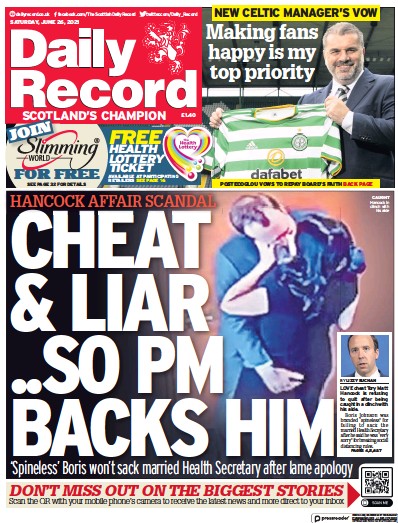 Daily Record Newspaper Front Page (UK) for 26 June 2021