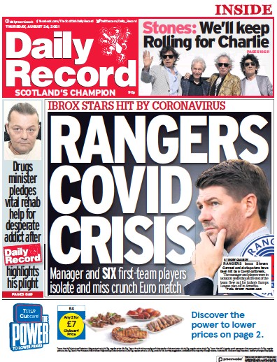 Daily Record Newspaper Front Page (UK) for 26 August 2021