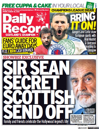 Daily Record Newspaper Front Page (UK) for 26 August 2022