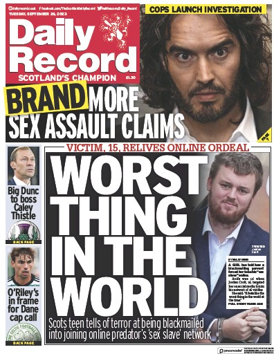 Daily Record Newspaper Front Page (UK) for 26 September 2023