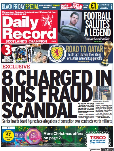 Daily Record Newspaper Front Page (UK) for 27 November 2021
