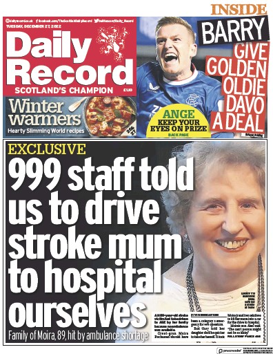 Daily Record Newspaper Front Page (UK) for 27 December 2022