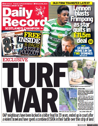 Daily Record Newspaper Front Page (UK) for 27 January 2021