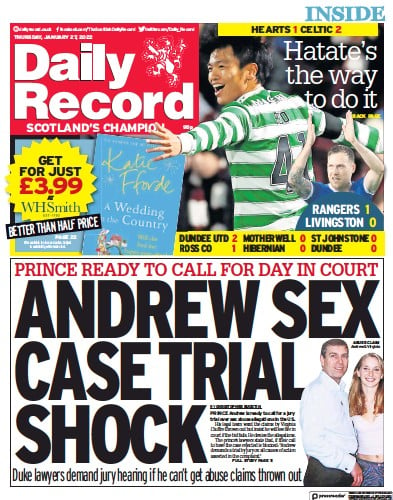 Daily Record Newspaper Front Page (UK) for 27 January 2022