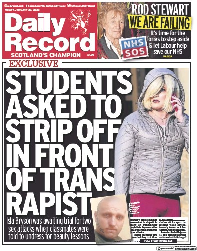 Daily Record Newspaper Front Page (UK) for 27 January 2023
