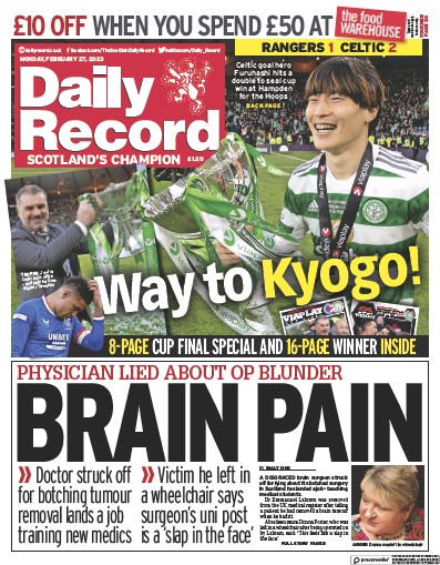 Daily Record Newspaper Front Page (UK) for 27 February 2023