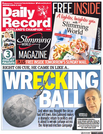 Daily Record Newspaper Front Page (UK) for 27 March 2021