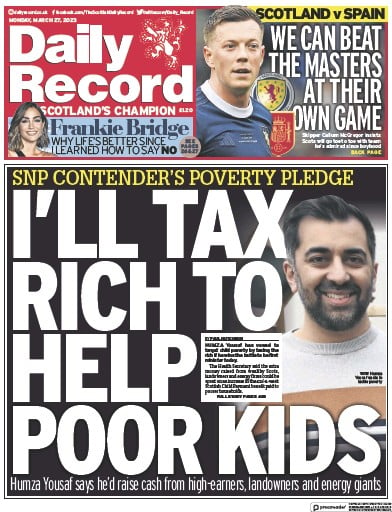 Daily Record Newspaper Front Page (UK) for 27 March 2023
