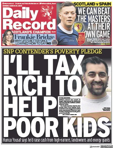 Daily Record Newspaper Front Page (UK) for 27 March 2023