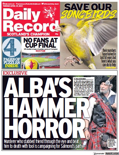 Daily Record Newspaper Front Page (UK) for 27 April 2021