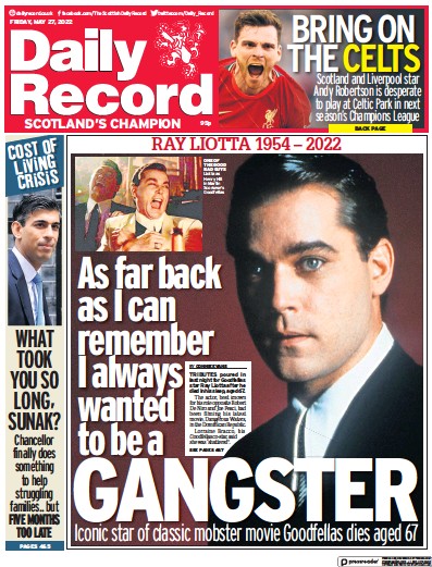 Daily Record Newspaper Front Page (UK) for 27 May 2022