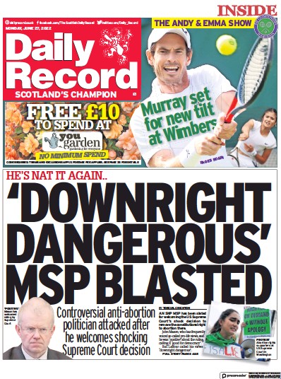 Daily Record Newspaper Front Page (UK) for 27 June 2022