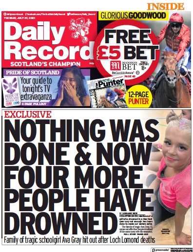 Daily Record Newspaper Front Page (UK) for 27 July 2021