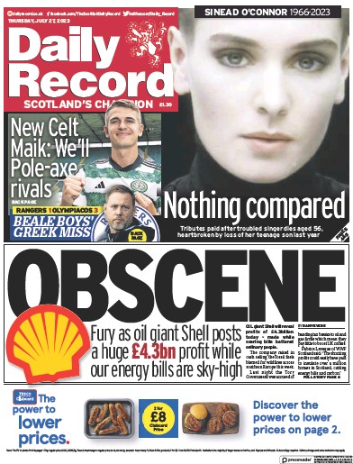 Daily Record Newspaper Front Page (UK) for 27 July 2023