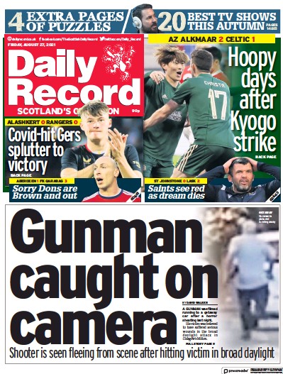 Daily Record Newspaper Front Page (UK) for 27 August 2021