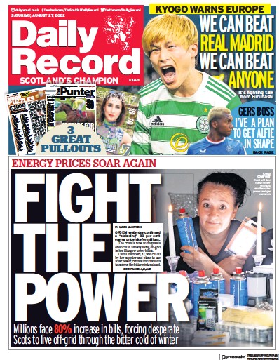 Daily Record Newspaper Front Page (UK) for 27 August 2022