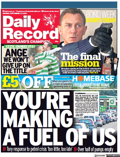 Daily Record Newspaper Front Page (UK) for 27 September 2021