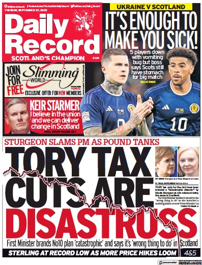 Daily Record Newspaper Front Page (UK) for 27 September 2022