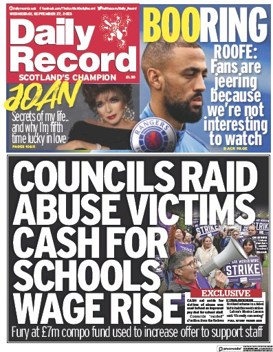 Daily Record Newspaper Front Page (UK) for 27 September 2023