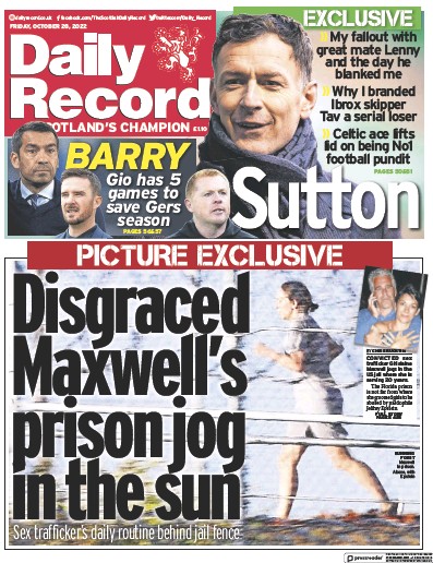 Daily Record Newspaper Front Page (UK) for 28 October 2022