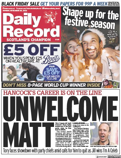Daily Record Newspaper Front Page (UK) for 28 November 2022